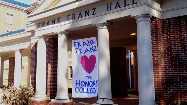 UAH's Franz Hall with a colorful welcome banner in the front entrance