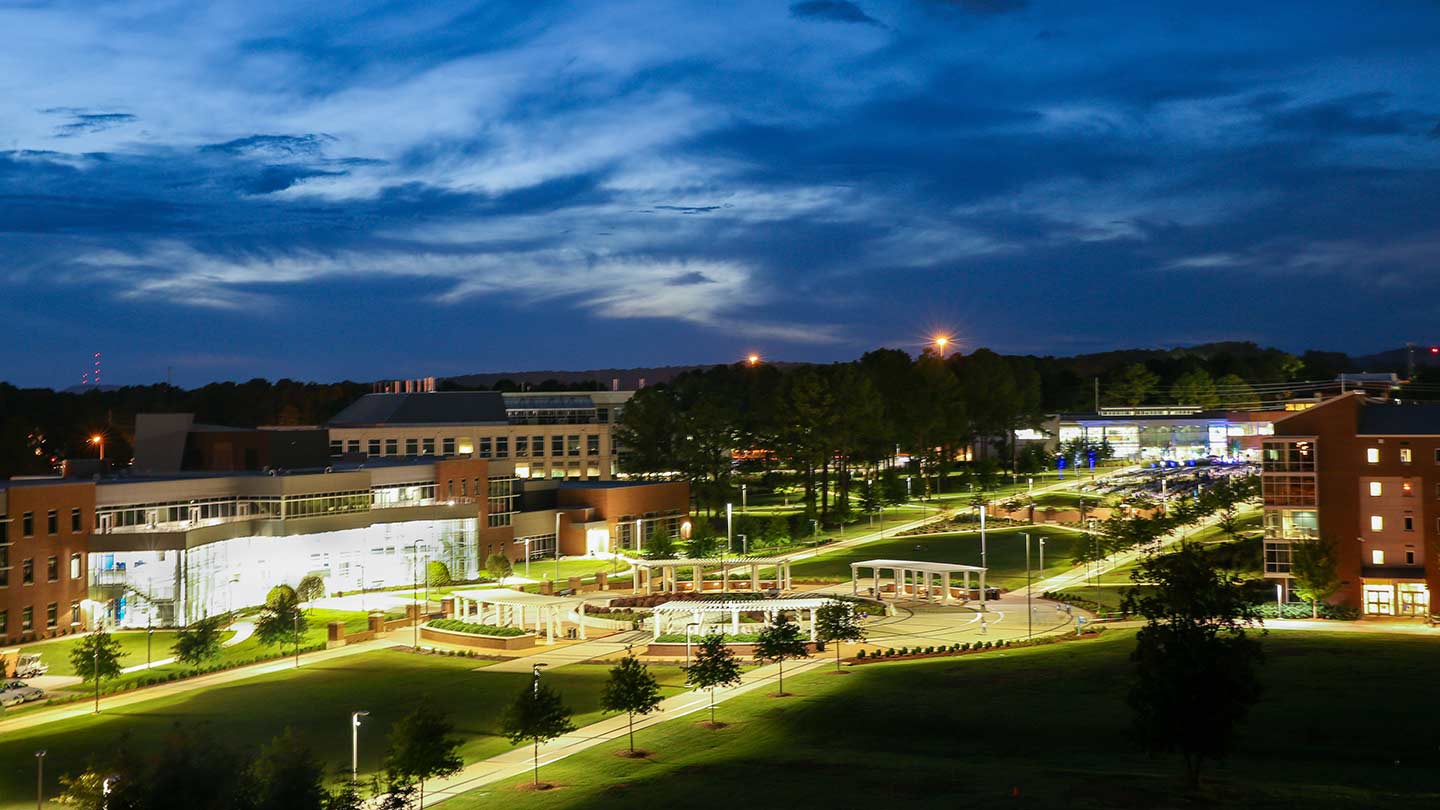 UAH Campus at night, showing campus night lights.