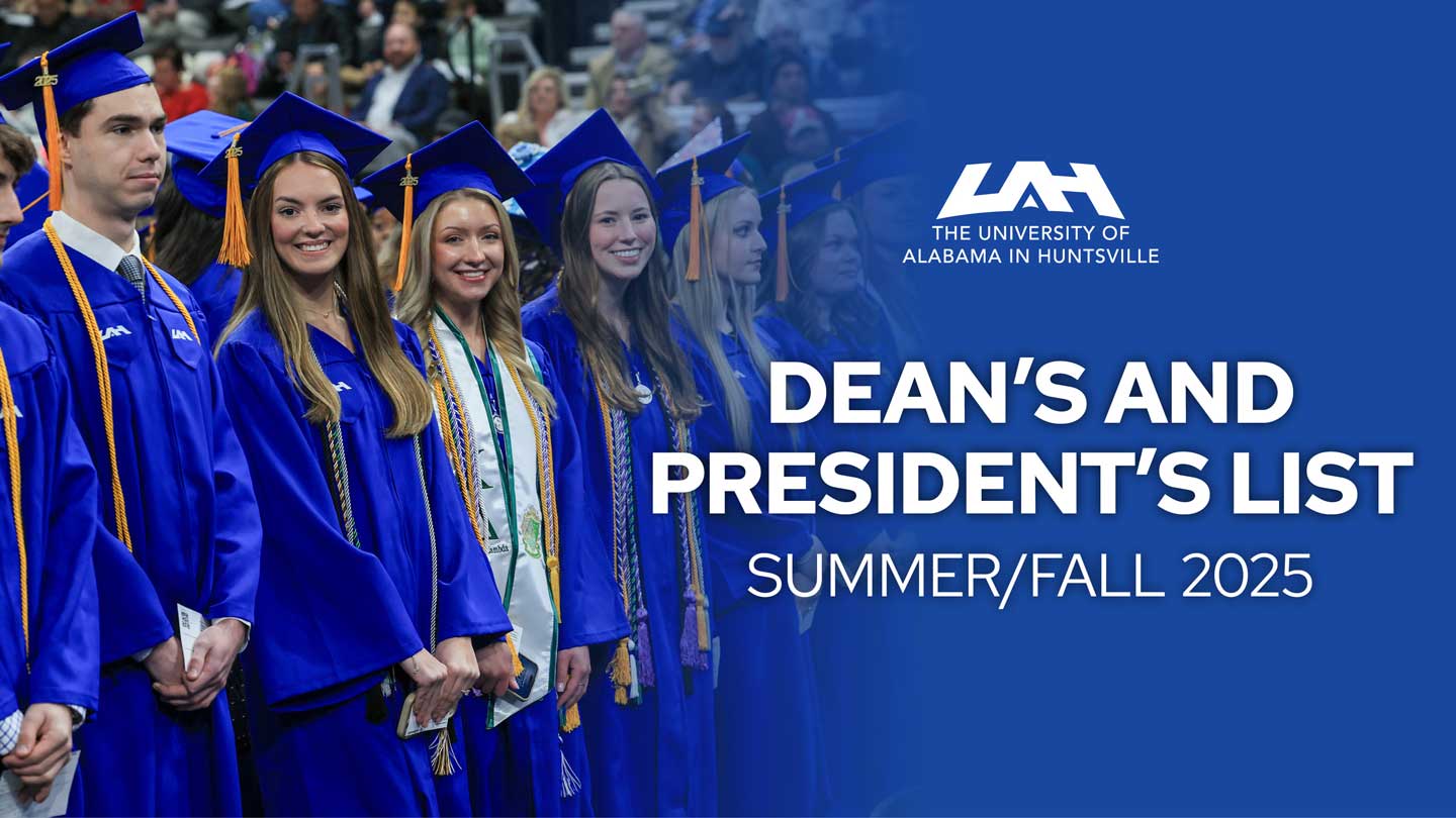 Graduates in blue caps and gowns stand in line at a ceremony, celebrating the Dean's and President's List for Summer/Fall 2025.