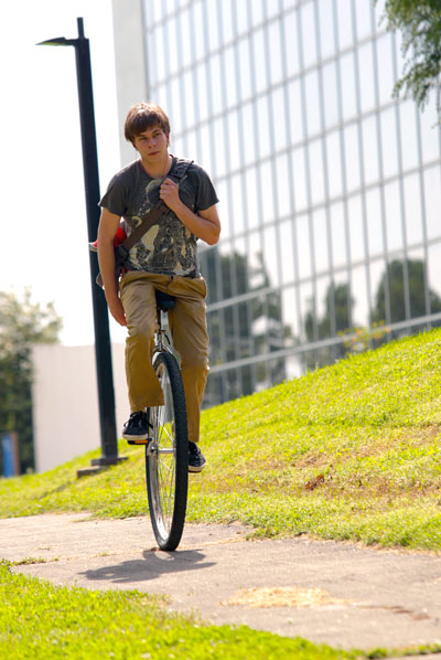 Student Nick Hanson on his 36 inch Coker unicycle.