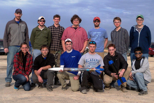 From left, Charger Rocket Works is: Front row – Kelsey Williams, Nick Gronou, Spencer Harrison, Westbrook Campbell, Jake Cranford and Amit Patel. Back row – David Lineberry, Corey Silcox, Matthew Denny, Christopher Paaymans, Eric Free, Dean Gillmore and Johnathon Smith.