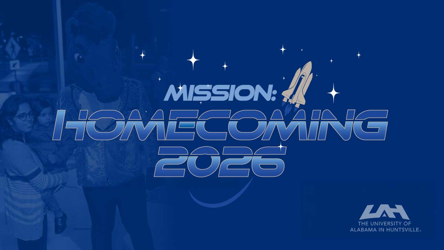 Letters in shades of blue spell out “Mission: Homecoming 2026” on a darker blue background with The University of Alabama in Huntsville in smaller white letters. The graphic image includes a small gray space shuttle flying into a star field as well as a faded-out photograph in shades of blue of UAH students and the Charger Blue mascot on the left side of the image.