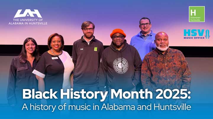 Representatives from The University of Alabama in Huntsville the City of Huntsville Music Office and Downtown Huntsville, Inc. gather on stage at Charger Union Theater for “Black History Month 2025: From left, they are Jackie Rogerson, Huntsville Music Office; Kristina Hendrix, vice president for strategic communications, UAH; Rob Buddo, president and CEO, DHI; music promoter and historian Codie Gopher, Huntsville Music Board member; Matt Mandrella, Huntsville Music Office, and William Hampton, founder of Huntsville Revisited Museum.