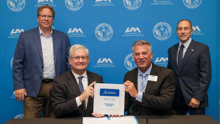 Dr. Robert Lindquist, UAH Vice President for Research and Economic Development; Joe Baldwin, Dassault Systèmes Manager of North American Education Accounts; John Jones, Director, Aviation Test Laboratory at UAH; and Dr. David Puleo, UAH Provost and Executive Vice President for Academic Affairs.