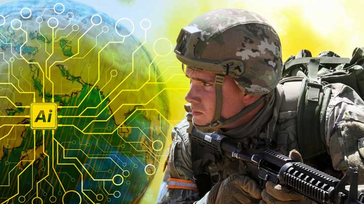A soldier in tactical gear holds a rifle, with a digital globe and AI circuitry design in the background, symbolizing technology and defense.