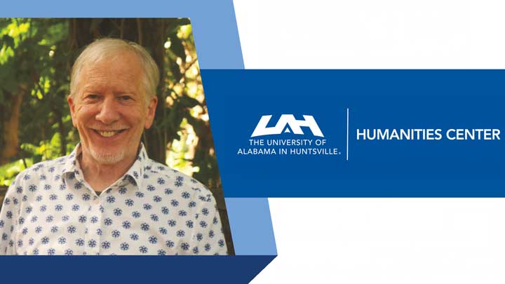 Dr. Gray Kochhar-Lindgren wearing a floral shirt stands outdoors, with the University of Alabama in Huntsville Humanities Center logo displayed.