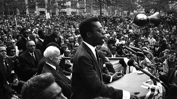 Writer James Baldwin speaks to a crowd in lower Manhattan on Sept. 22, 1963, at a “National Day of Mourning for the Children of Birmingham,”
