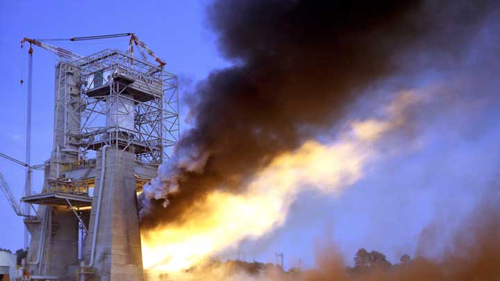 Hot-fire test at the historic Apollo Test Stand 4670 on Marshall Space Flight Center.