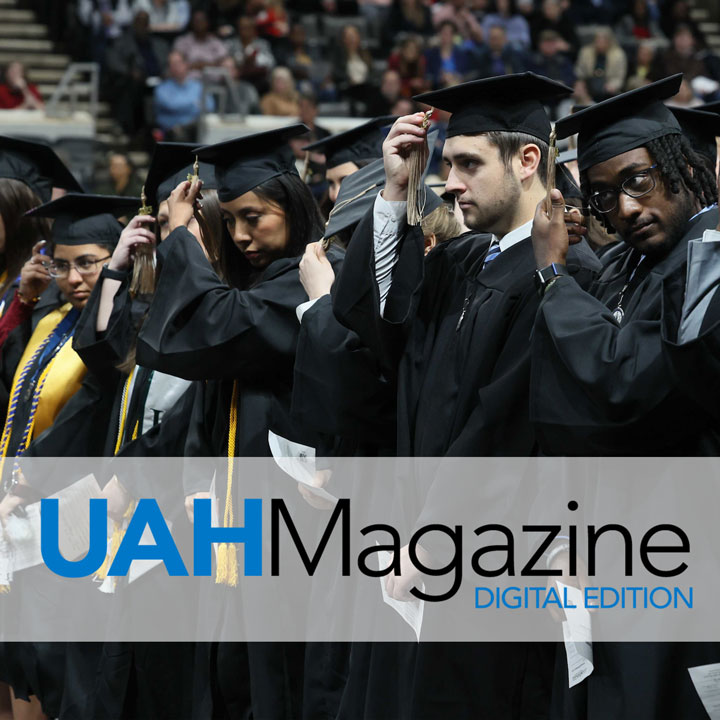 Cover of the U A H Magazine for April of 2024. Students stroll by the entrance to Charger Union on a sunny spring day.