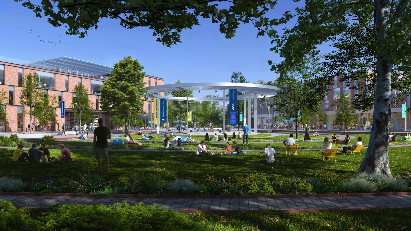 An artist's illustration of a campus commons lawn with a circular pillared structure in the middle.