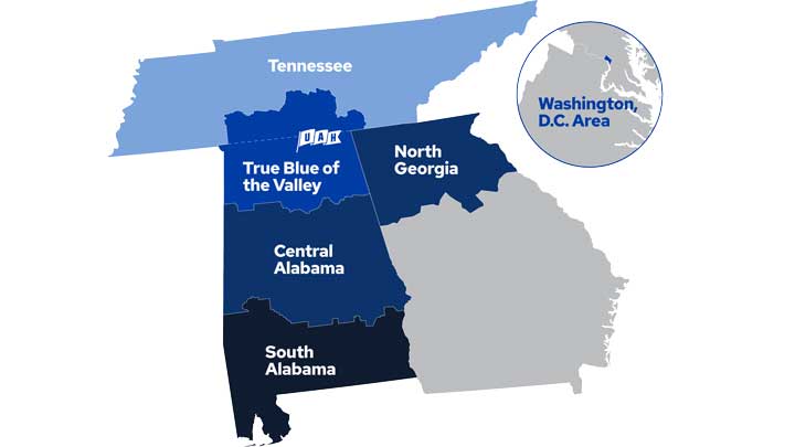 A labeled map showing regions in the southeastern U.S., including Tennessee, North Georgia, and various Alabama areas.