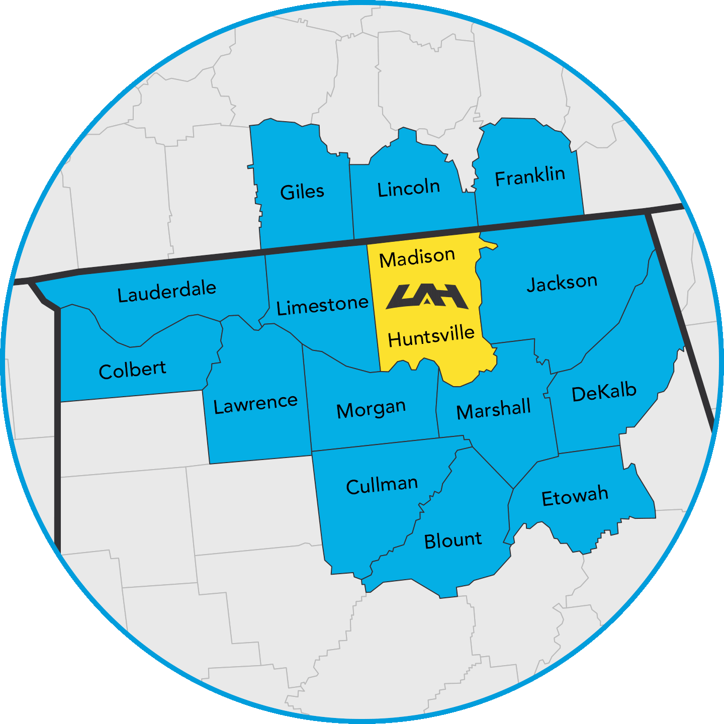 Map showing the innovation region of North Alabama and South-Central Tennessee