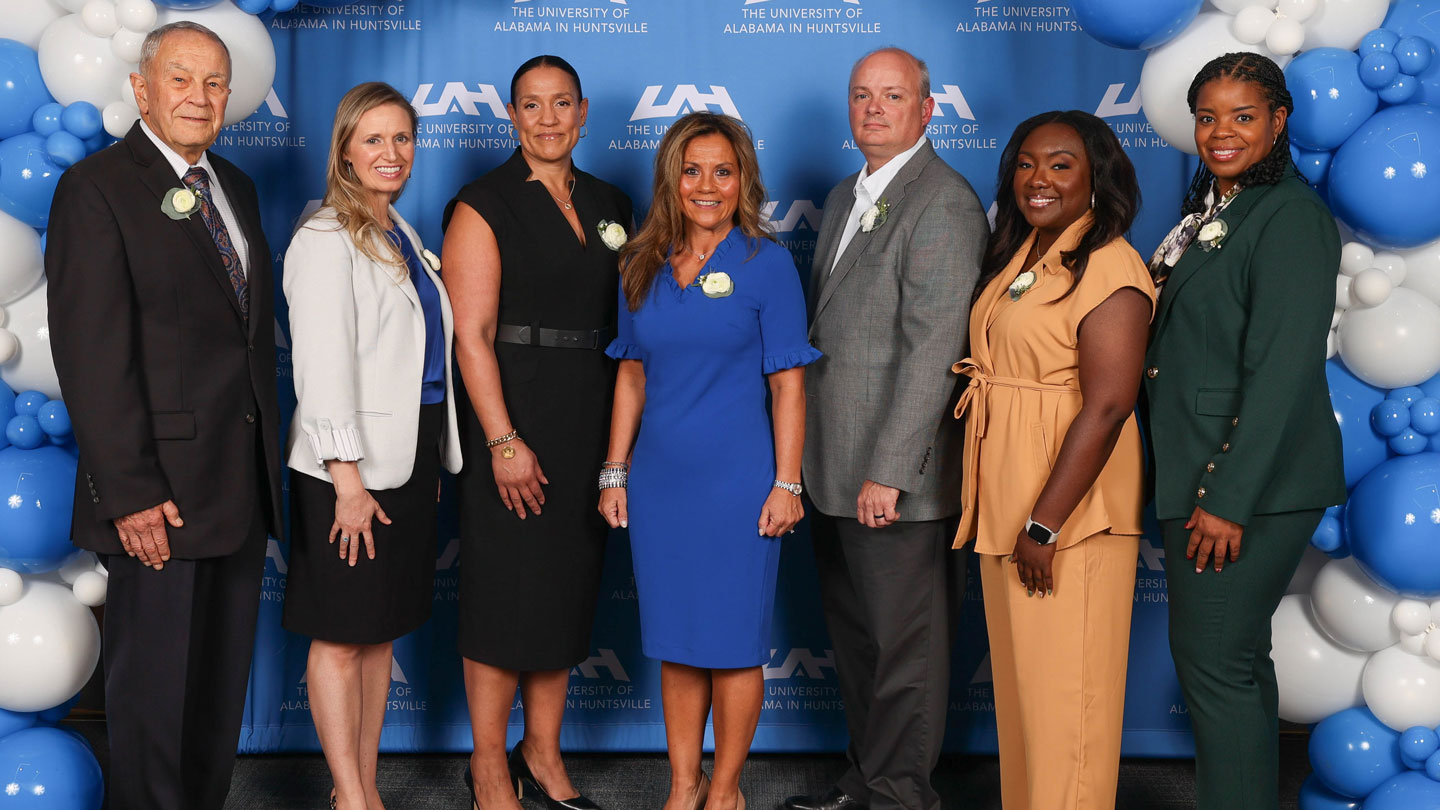 The University of Alabama in Huntsville  Alumni Association at the UAH campus: left to right, Walter Woltosz, Amanda Clark, Dixiana Berrios, Alice Lessmann, Steven Norwood, De’Onah Norfleet and Angelear Warren.