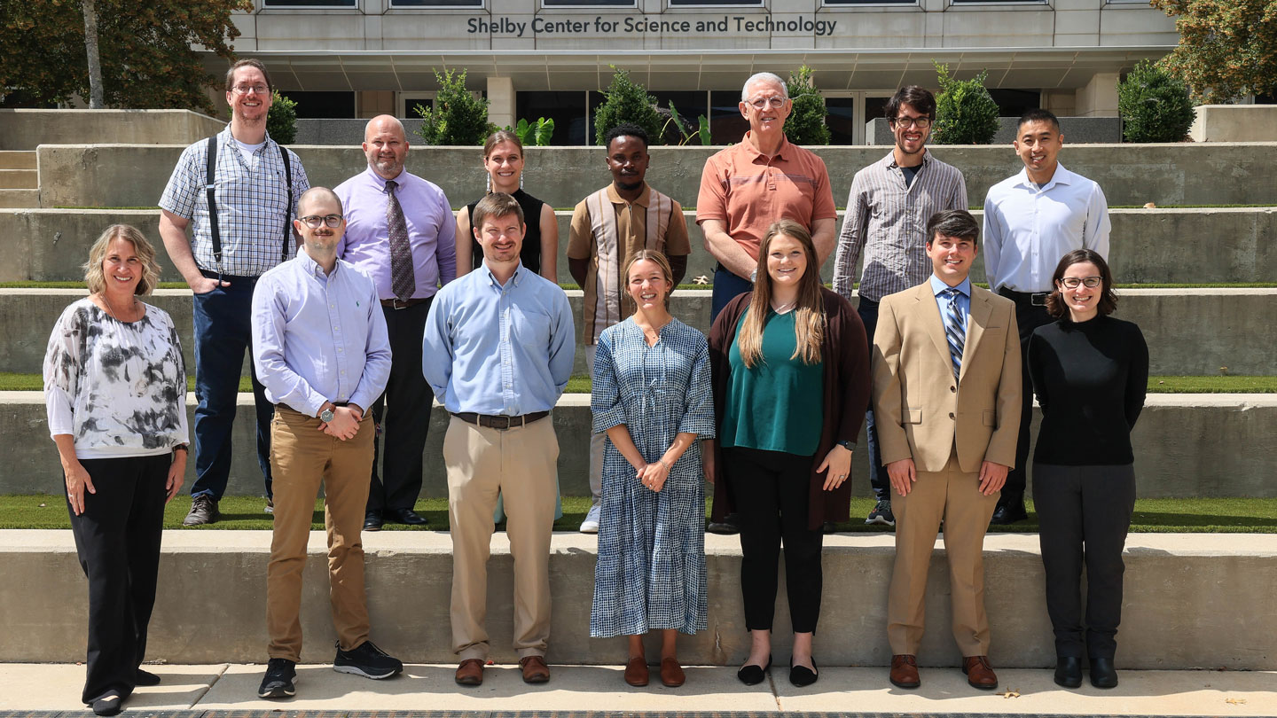 New faculty members who joined The University of Alabama in Huntsville community in 2024, front row, left to right, Deanna Womble, Jackson Lawrence, Will Waldron, Hannah Nolte, Melissa Miasek, Preston Miller and Summer Atkins and, back row, left to right, Charles O’Brien, Daniel Walsh, Natalie Click, Henrick Haule, Jeffery Williams, Evan Miller and Cheng Chen.