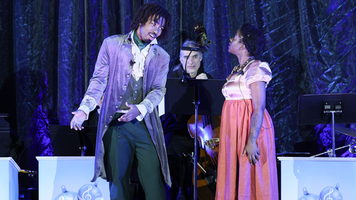 UAH theater students Jaylon Mastin, left, as Fitzwilliam Darcy and Jaeda Smith as Elizabeth Darcy present a scene from the play “Miss Bennet: Christmas at Pemberley” during Holiday Jazz on Dec. 10, 2024