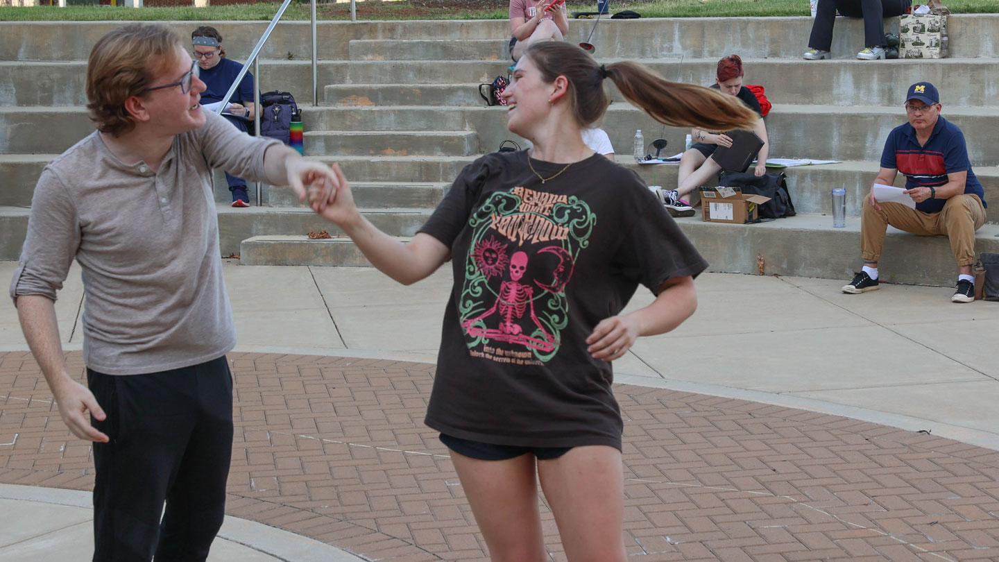 Ryan Rorick, left, as Romeo and Téa Wilson as Juliet rehearse for the Huntsville Shakespeare production of “Romeo and Juliet” in the outdoor amphitheater at Morton Hall on The University of Alabama in Huntsville.