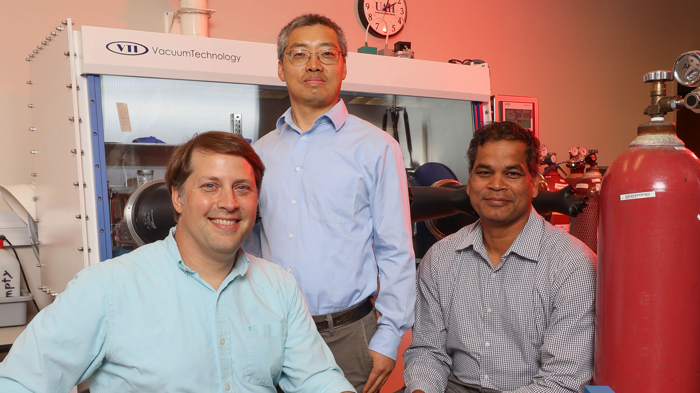 Dr. George Nelson, department chair and professor, Mechanical & Aerospace Engineering; Dr. Guangsheng Zhang, assistant professor, Department of Mechanical & Aerospace Engineering; Dr. Avimanyu Sahoo assistant professor, Department of Electrical & Computer Engineering.
