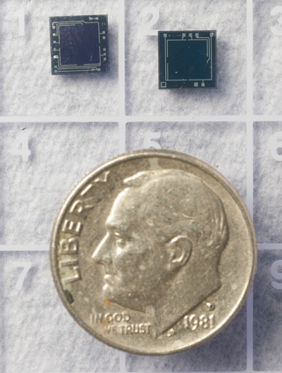 A small sensor like these are used to monitor bodily functions or deliver drugs. Produced by a collaborator group at the University of Technology in Dresden, Germany, the sensors were coated with thin layers of customized block copolymers in Dr. Carmen Scholz’ research.